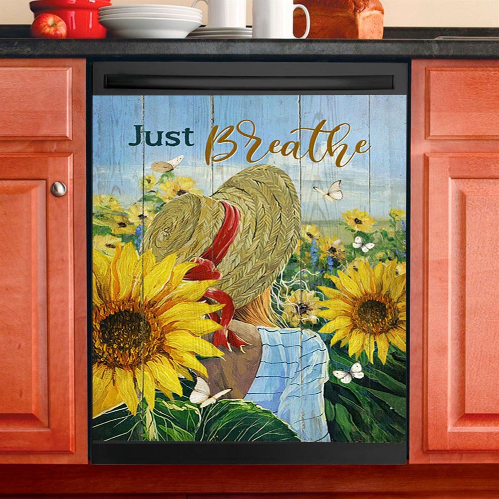 Beautiful Girl Sunflower Just Breathe Dishwasher Cover, Christian Dishwasher Magnet Cover, Bible Verse Kitchen Decor