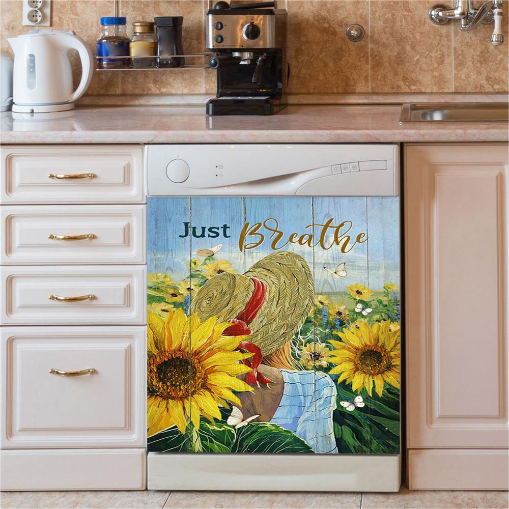 Beautiful Girl Sunflower Just Breathe Dishwasher Cover, Christian Dishwasher Magnet Cover, Bible Verse Kitchen Decor