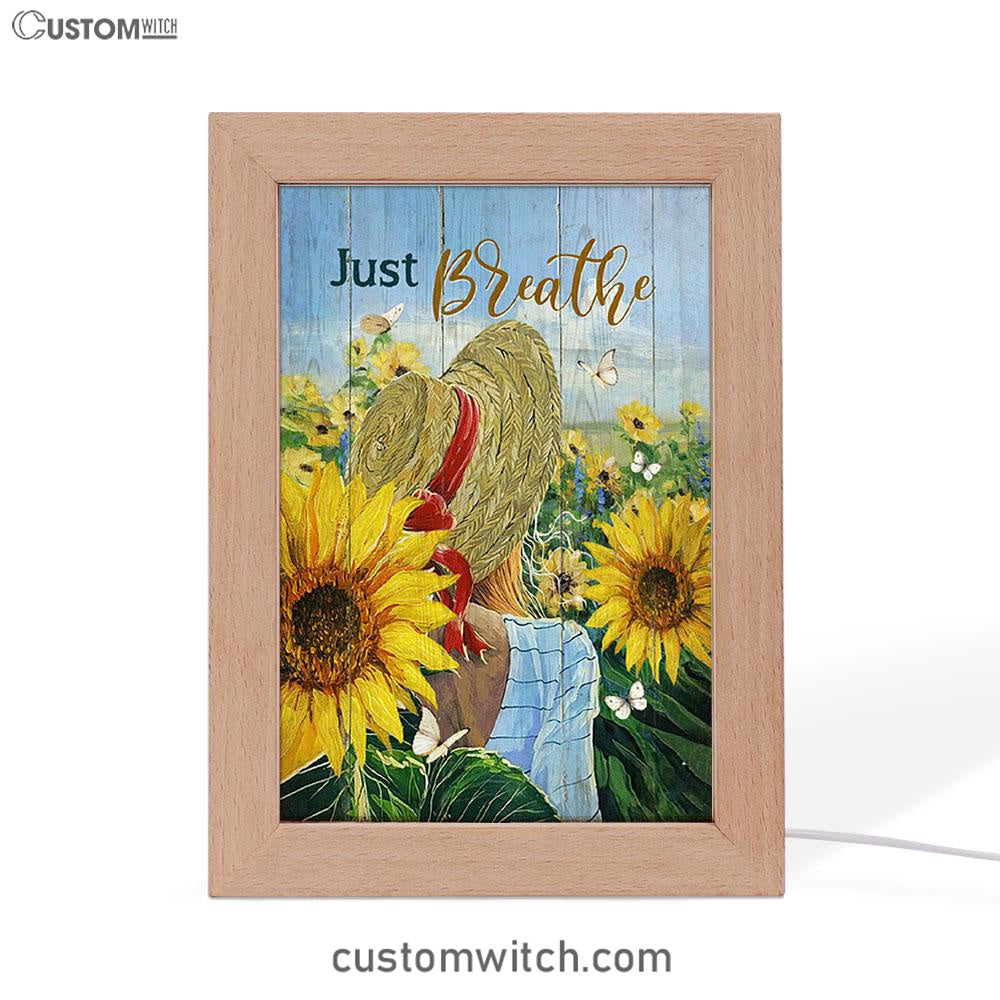 Beautiful Girl Sunflower Just Breathe Frame Lamp Art - Christian Night Light - Bible Verse Wooden Lamp