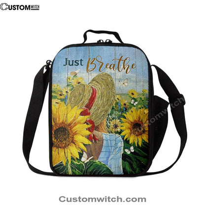 Beautiful Girl Sunflower Just Breathe Lunch Bag, Christian Lunch Bag For School, Picnic, Religious Lunch Bag