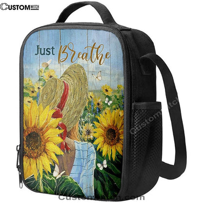 Beautiful Girl Sunflower Just Breathe Lunch Bag, Christian Lunch Bag For School, Picnic, Religious Lunch Bag