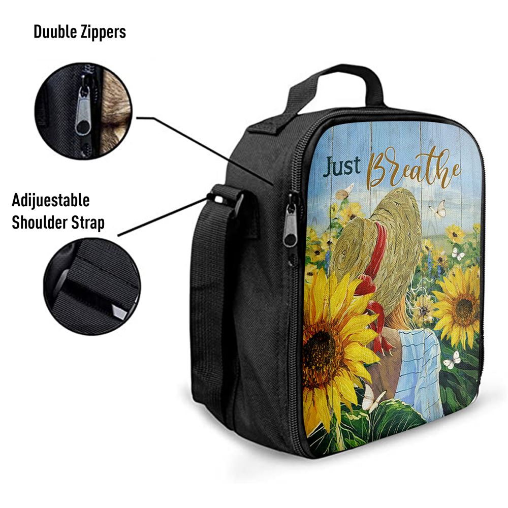 Beautiful Girl Sunflower Just Breathe Lunch Bag, Christian Lunch Bag For School, Picnic, Religious Lunch Bag