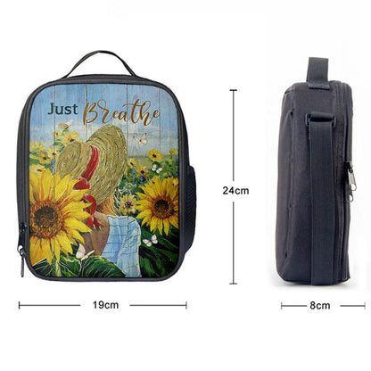 Beautiful Girl Sunflower Just Breathe Lunch Bag, Christian Lunch Bag For School, Picnic, Religious Lunch Bag