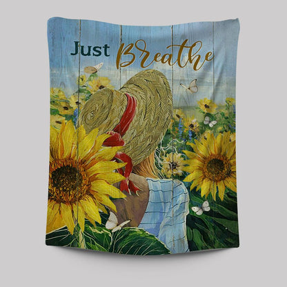 Beautiful Girl Sunflower Just Breathe Tapestry Wall Art - Christian Tapestries Prints - Bible Verse Tapestry Art