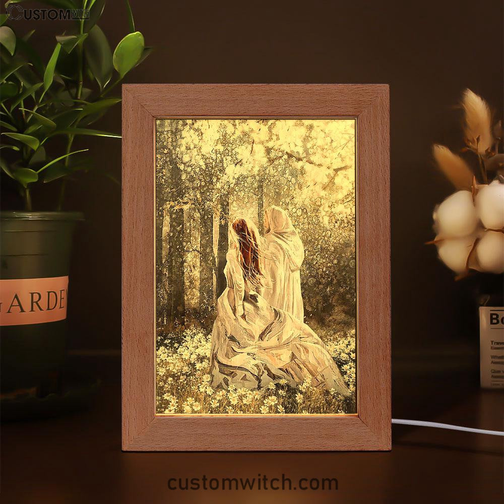 Beautiful Girl Walking With Jesus Among The Flower Field Frame Lamp Art - Christian Art - Bible Verse Art - Religious Home Decor