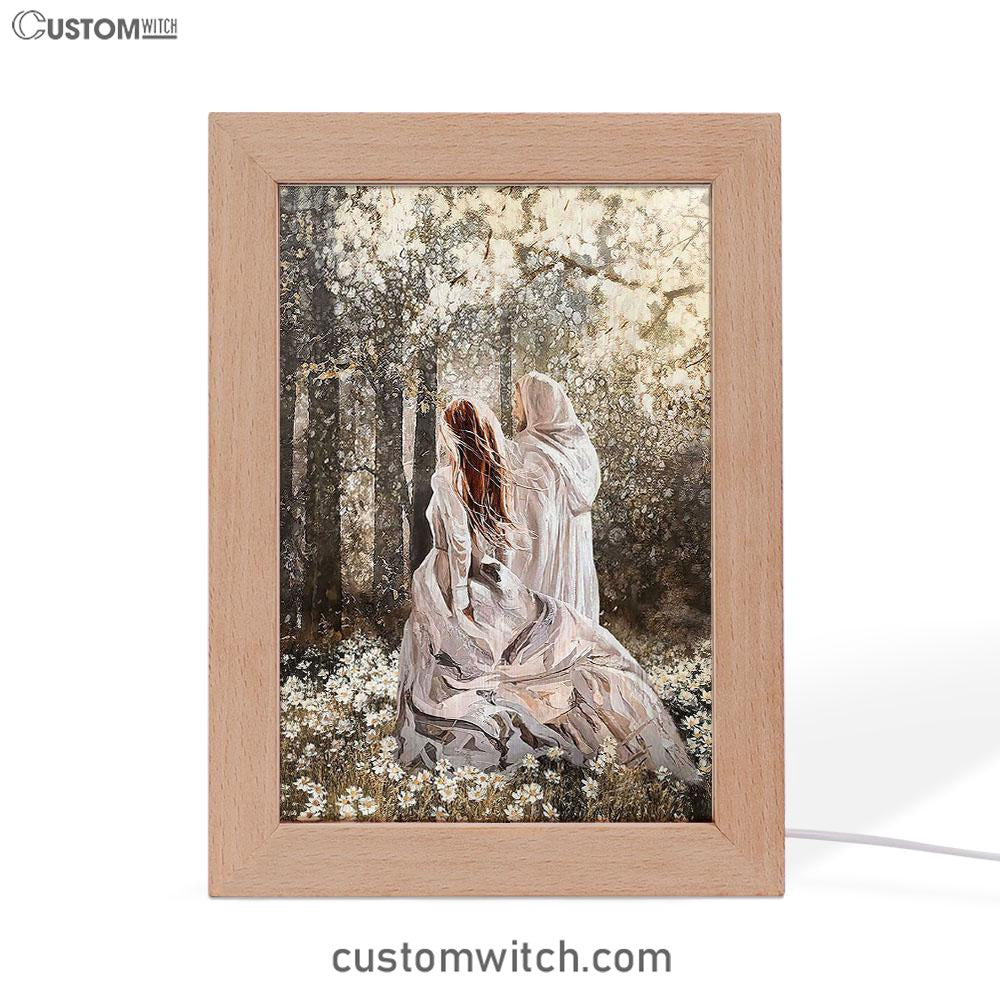 Beautiful Girl Walking With Jesus Among The Flower Field Frame Lamp Art - Christian Art - Bible Verse Art - Religious Home Decor