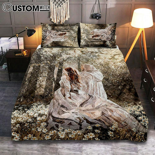 Beautiful Girl Walking With Jesus Among The Flower Field Quilt Bedding Set Art - Christian Art - Bible Verse Bedroom - Religious Home Decor