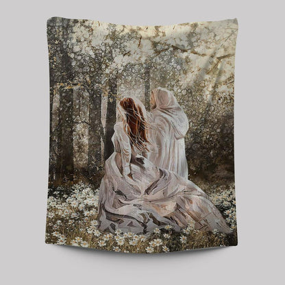 Beautiful Girl Walking With Jesus Among The Flower Field Tapestry Art - Christian Art - Bible Verse Wall Art - Religious Home Decor