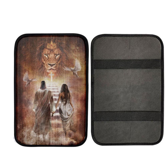 Beautiful Girl Walking With Jesus Car Center Console Cover, Car Armrest Pad, Christian Gift, Armrest Box Mat