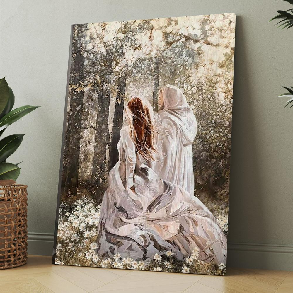 Beautiful Girl Walking With Jesus In The Flower Field Canvas, Christmas Gift for Christian