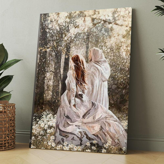 Beautiful Girl Walking With Jesus In The Flower Field Canvas, Christmas Gift for Christian