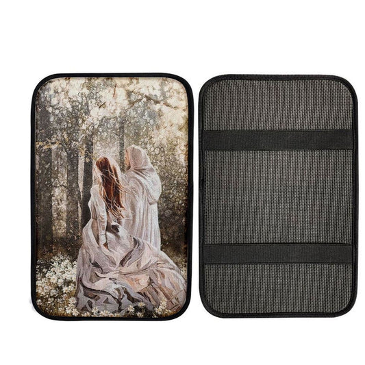 Beautiful Girl Walking With Jesus In The Flower Field Car Center Console Cover, Car Armrest Pad, Christian Gift, Armrest Box Mat