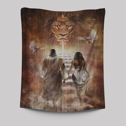 Beautiful Girl Walking With Jesus Tapestry