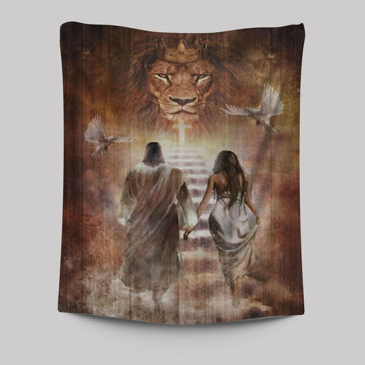 Beautiful Girl Walking With Jesus Tapestry