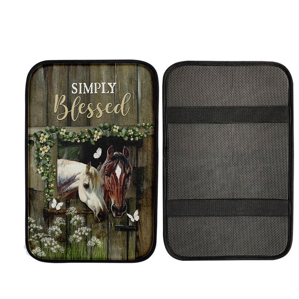 Beautiful Horse Simply Blessed Car Center Console Cover, Christian Auto Armrest Cover
