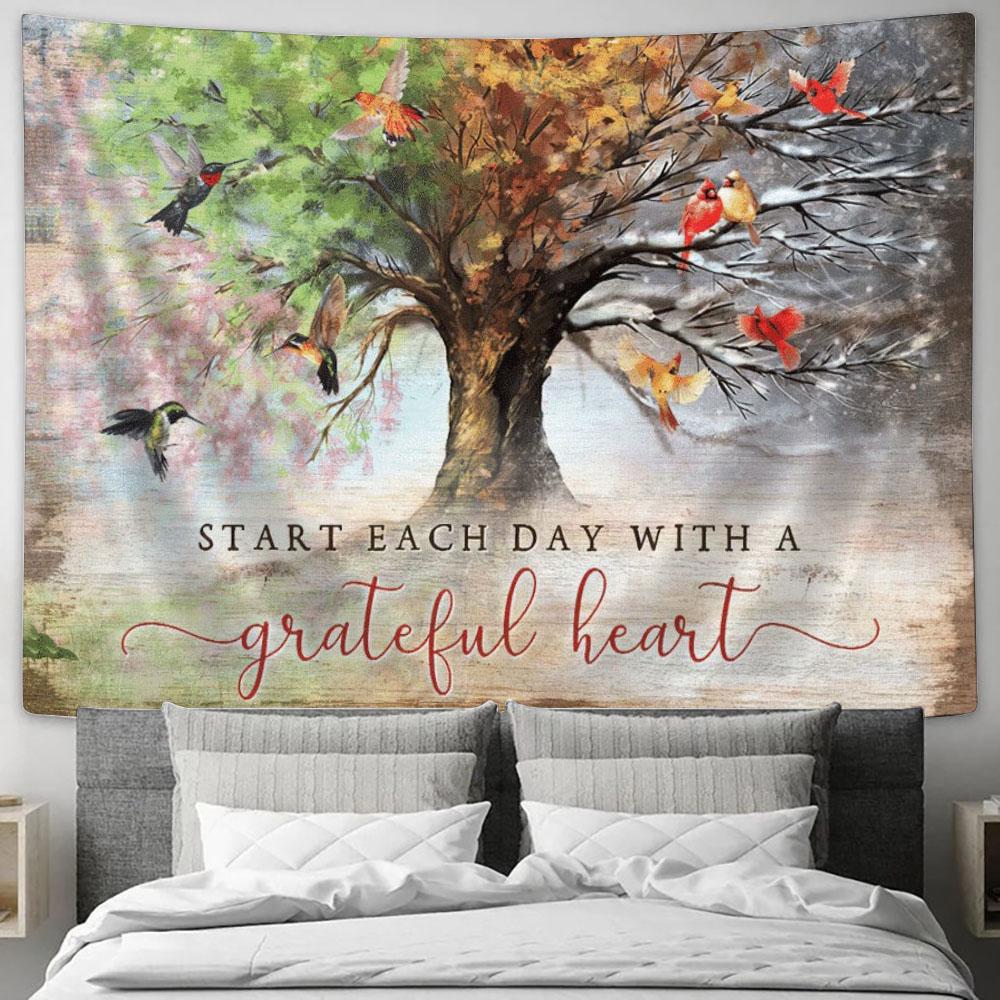 Beautiful Hummingbird And Cardinal Start Each Day With A Grateful Heart Tapestry, Tapestries for Living Room Bedroom