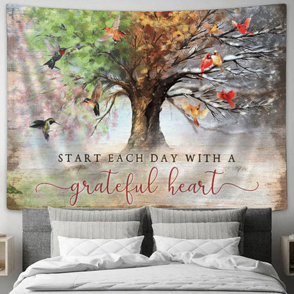 Beautiful Hummingbird And Cardinal Start Each Day With A Grateful Heart Tapestry, Tapestries for Living Room Bedroom