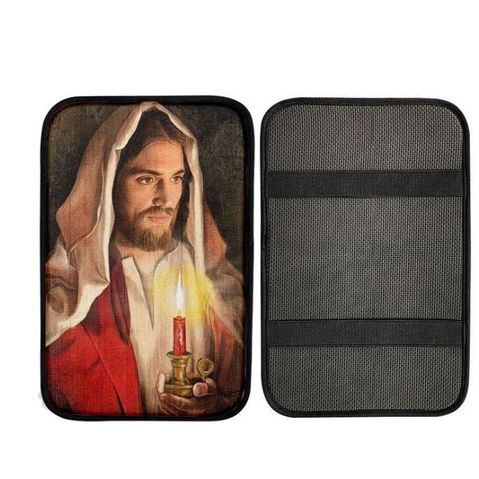 Beautiful Jesus, Dark Night, Candle Painting Car Center Console Cover, Car Armrest Pad, Christian Gift, Armrest Box Mat