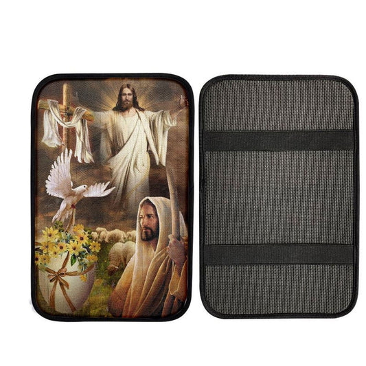 Beautiful Jesus Painting Dove Cross Yellow Flower Car Center Console Cover, Car Armrest Pad, Christian Gift, Armrest Box Mat