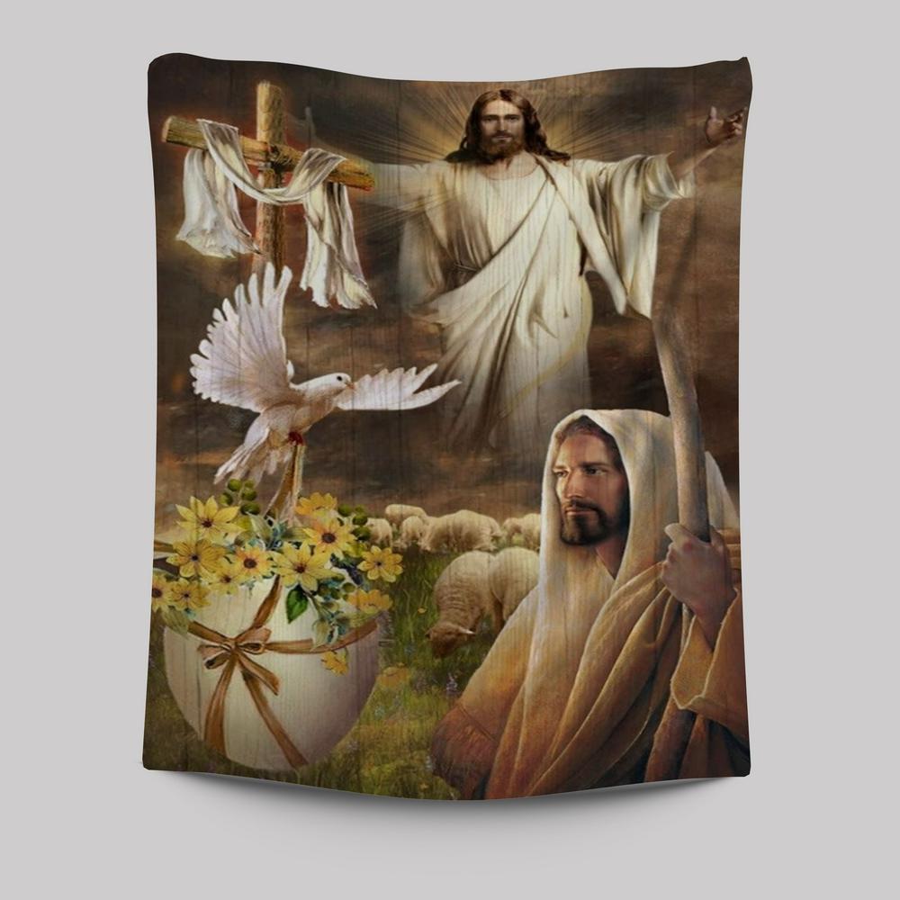 Beautiful Jesus Painting Dove Cross Yellow Flower Tapestry