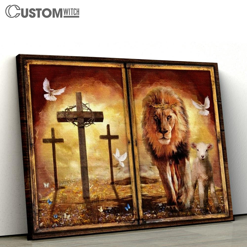 Beautiful Lion And Lamb Orange Sunset Cross Canvas Poster