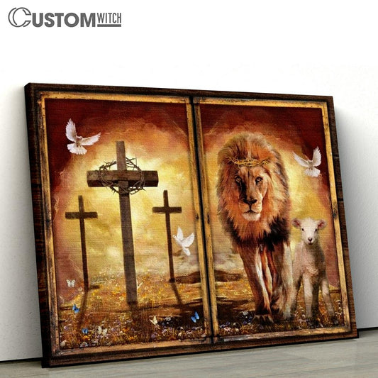 Beautiful Lion And Lamb Orange Sunset Cross Canvas Poster