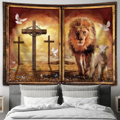 Beautiful Lion And Lamb Orange Sunset Cross Tapestry, Tapestries for Living Room Bedroom