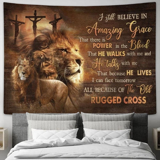 Beautiful Lion Drawing, Golden Crown, I Still Believe In Amazing Grace Tapestry, Tapestries for Living Room Bedroom