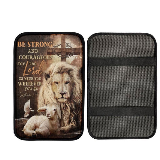 Beautiful Lion Drawing Lamb Cross Be Strong And Courageous Car Center Console Cover, Car Armrest Pad, Christian Gift, Armrest Box Mat