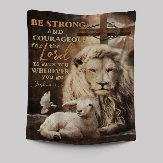 Beautiful Lion Drawing Lamb Cross Be Strong And Courageous Tapestry