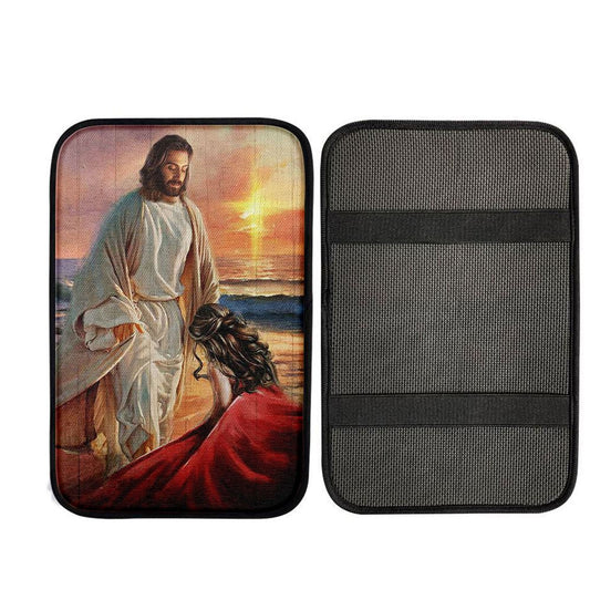 Beautiful Sunset Kneeling Before God Car Center Console Cover, Christian Auto Armrest Cover