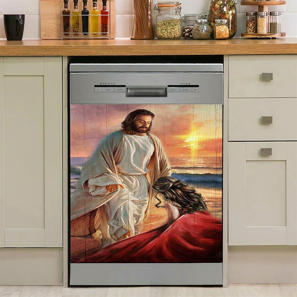 Beautiful Sunset Kneeling Before God Dishwasher Cover, Bible Verse Dishwasher Magnet Cover, Christian Inspirational Kitchen Decor
