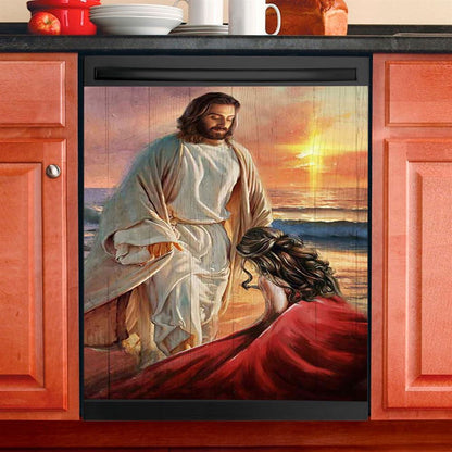 Beautiful Sunset Kneeling Before God Dishwasher Cover, Bible Verse Dishwasher Magnet Cover, Christian Inspirational Kitchen Decor