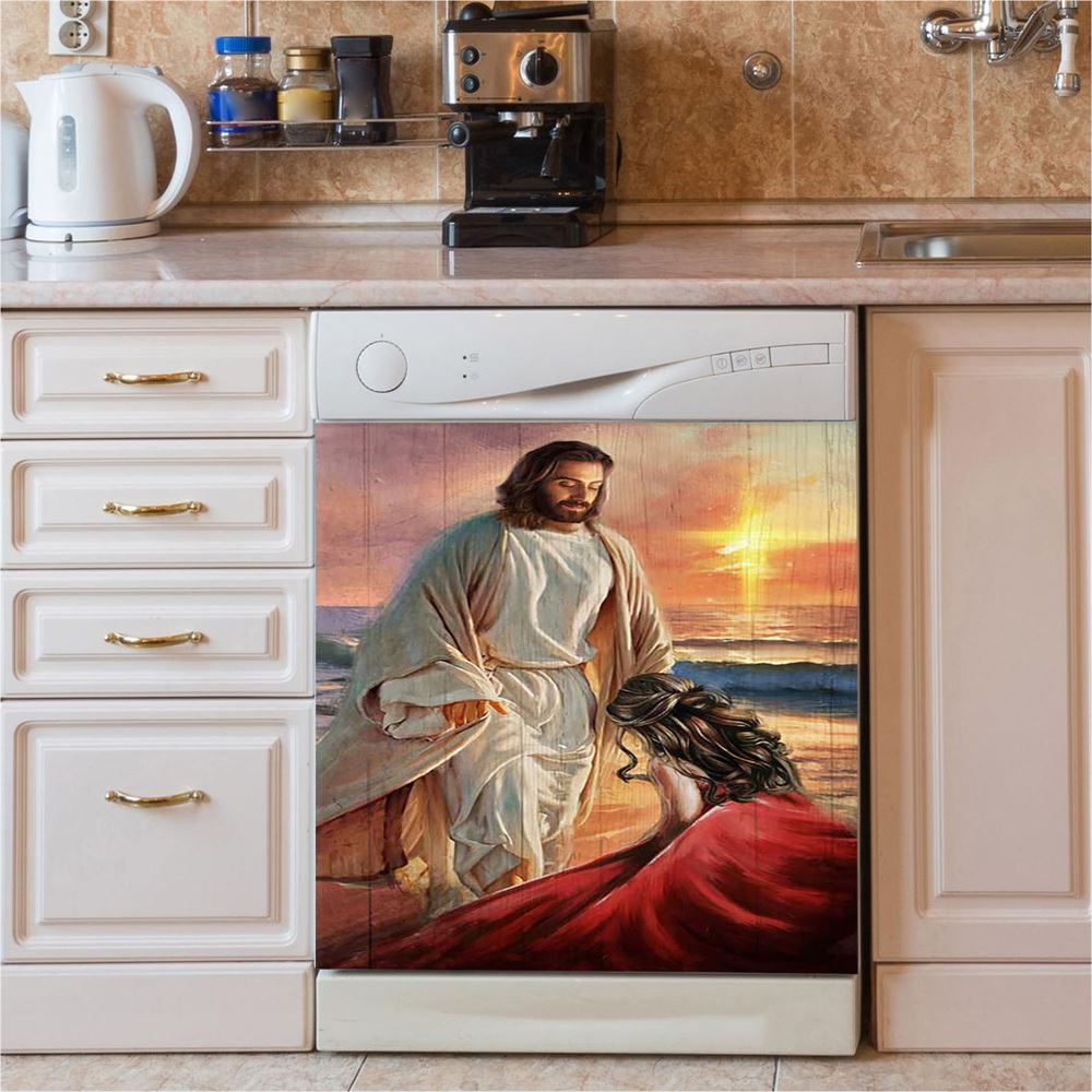 Beautiful Sunset Kneeling Before God Dishwasher Cover, Bible Verse Dishwasher Magnet Cover, Christian Inspirational Kitchen Decor
