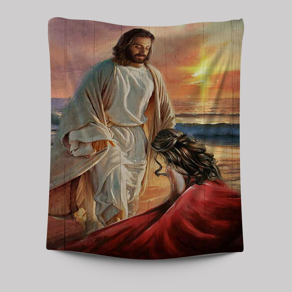 Beautiful Sunset Kneeling Before God Tapestry Art - Bible Verse Wall Art - Christian Inspirational Wall Decor