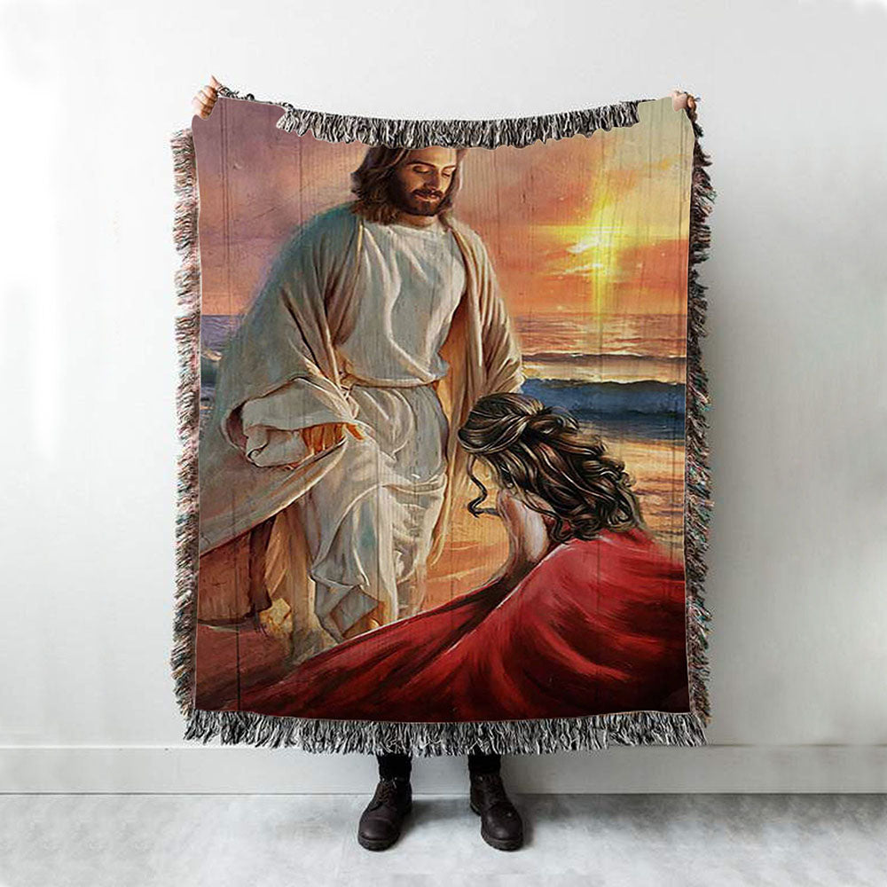 Beautiful Sunset Kneeling Before God Woven Blanket Art - Bible Verse Throw Blanket - Christian Inspirational Boho Blanket