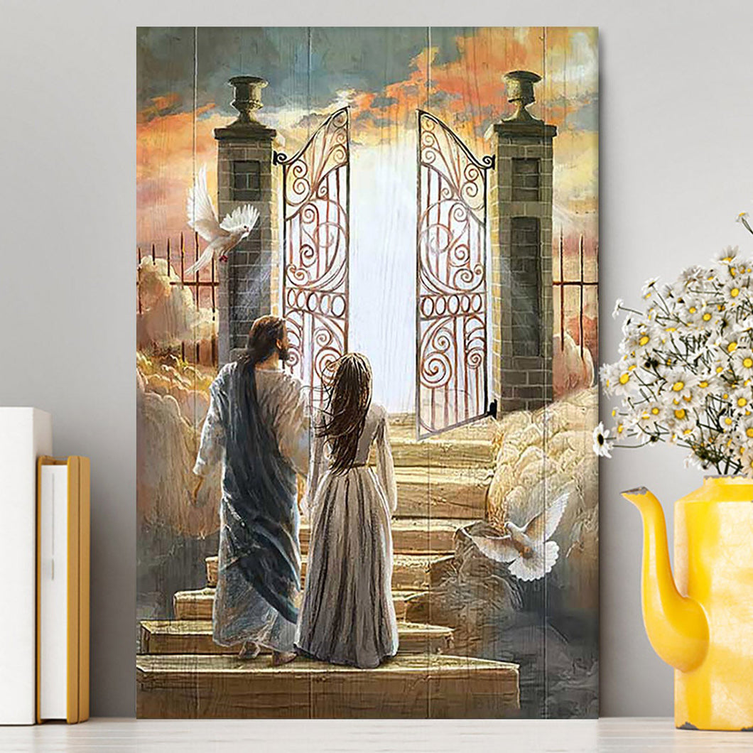 Beautiful Woman And Jesus Flying Dove Heaven Door Canvas Wall Art - Bible Verse Canvas Art - Inspirational Art - Christian Home Decor