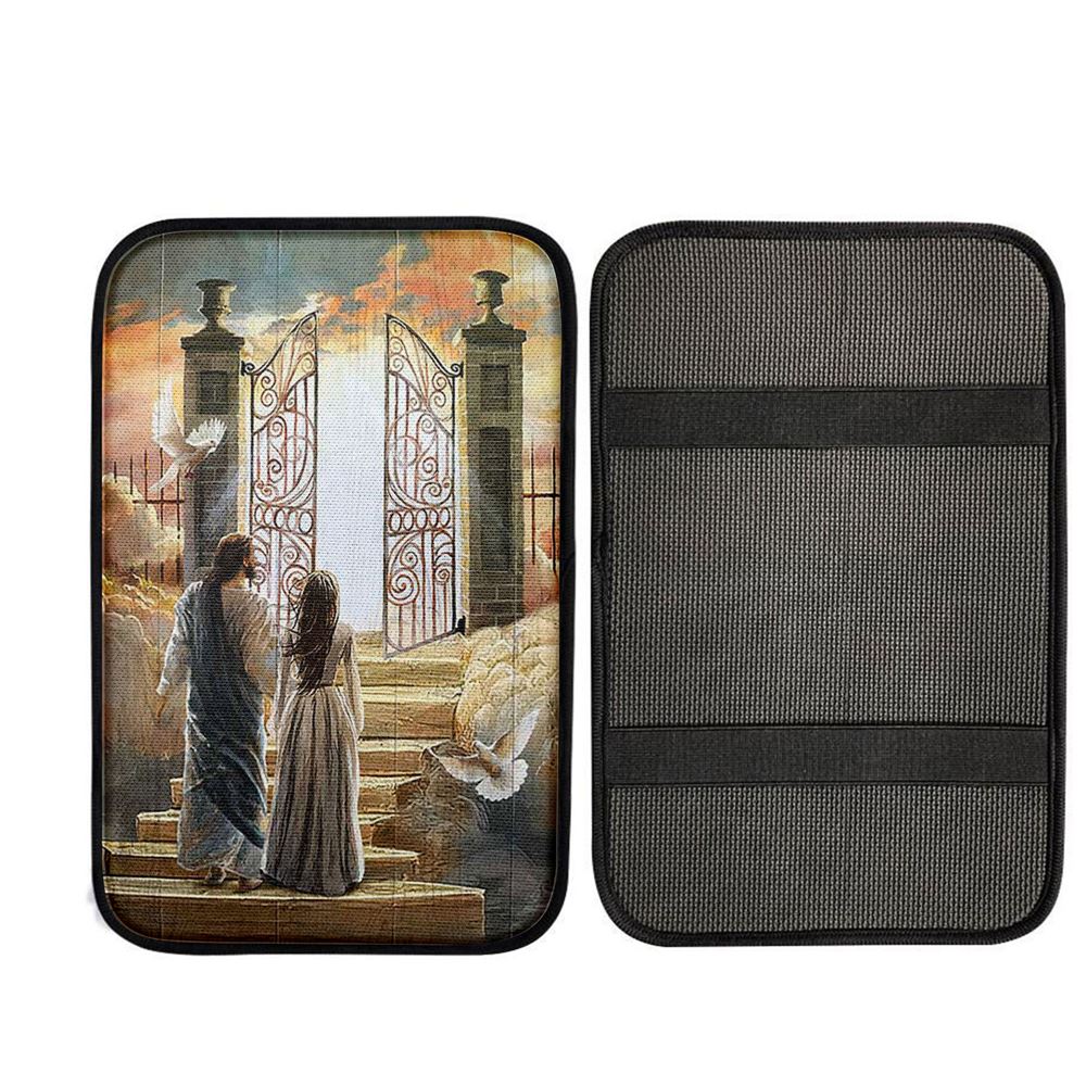 Beautiful Woman And Jesus Flying Dove Heaven Door Car Center Console Cover, Christian Auto Armrest Cover