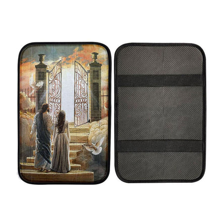 Beautiful Woman And Jesus Flying Dove Heaven Door Car Center Console Cover, Christian Auto Armrest Cover