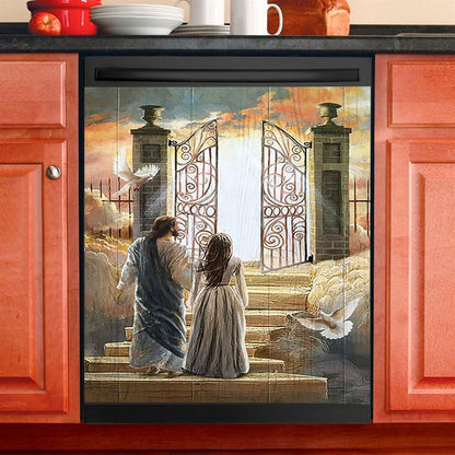 Beautiful Woman And Jesus Flying Dove Heaven Door Dishwasher Cover, Bible Verse Dishwasher Magnet Cover, Inspirational Kitchen Decor