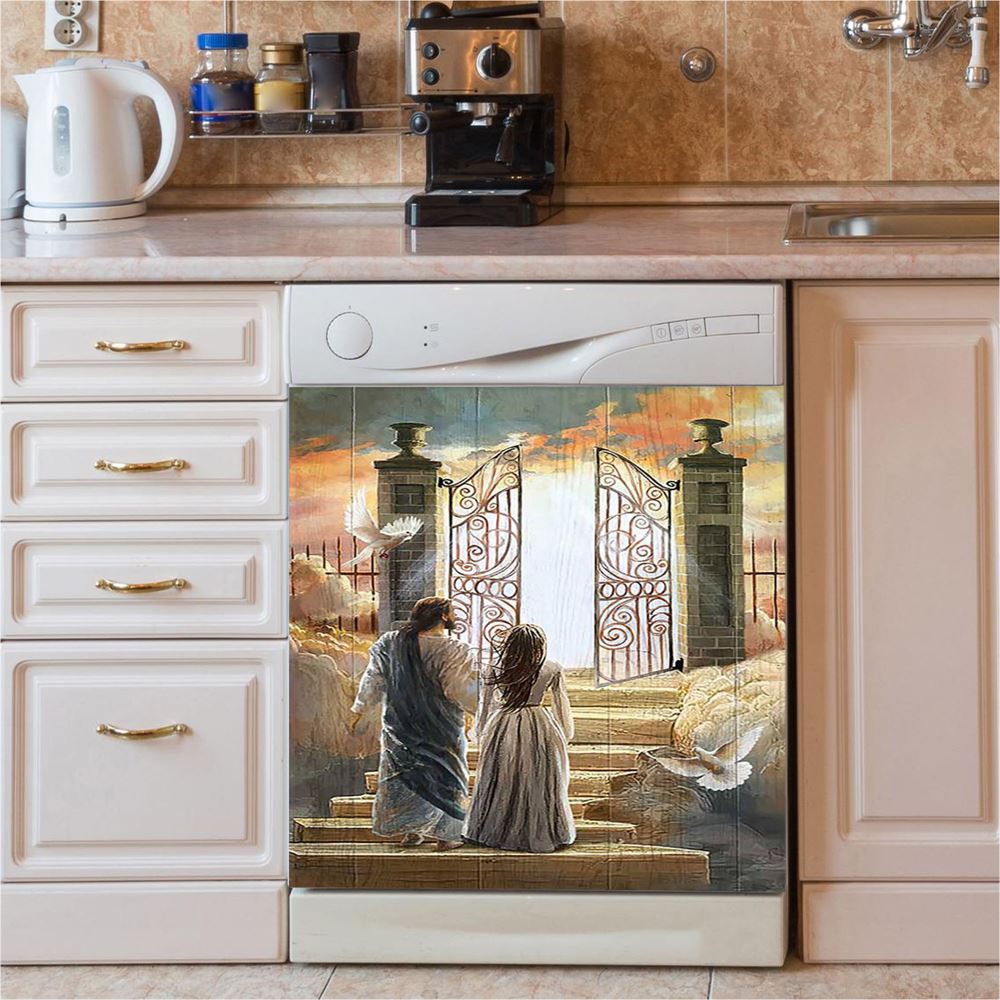 Beautiful Woman And Jesus Flying Dove Heaven Door Dishwasher Cover, Bible Verse Dishwasher Magnet Cover, Inspirational Kitchen Decor