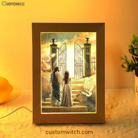Beautiful Woman And Jesus Flying Dove Heaven Door Frame Lamp Art - Bible Verse Wooden Lamp - Inspirational Art - Christian Home Decor