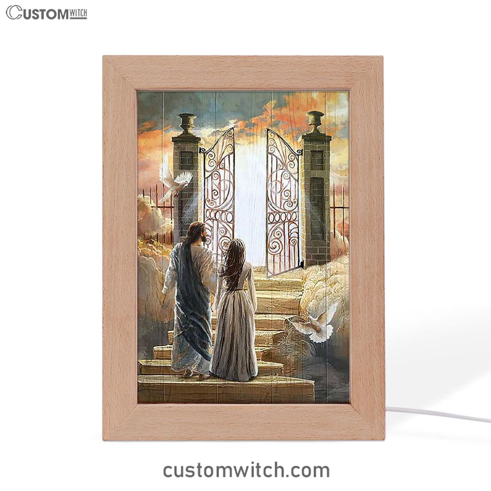 Beautiful Woman And Jesus Flying Dove Heaven Door Frame Lamp Art - Bible Verse Wooden Lamp - Inspirational Art - Christian Home Decor