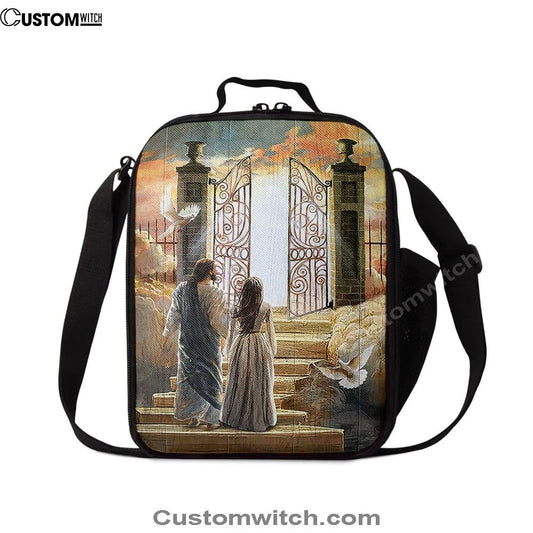 Beautiful Woman And Jesus Flying Dove Heaven Door Lunch Bag, Christian Lunch Bag For School, Picnic, Religious Lunch Bag