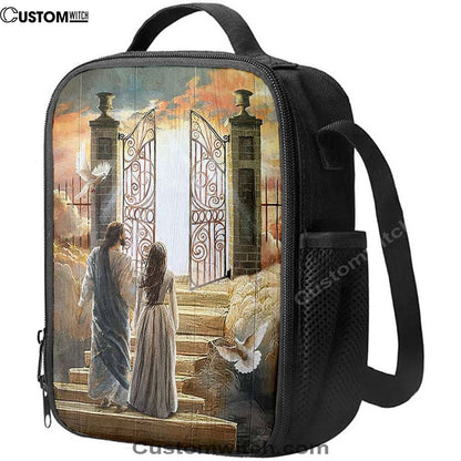Beautiful Woman And Jesus Flying Dove Heaven Door Lunch Bag, Christian Lunch Bag For School, Picnic, Religious Lunch Bag