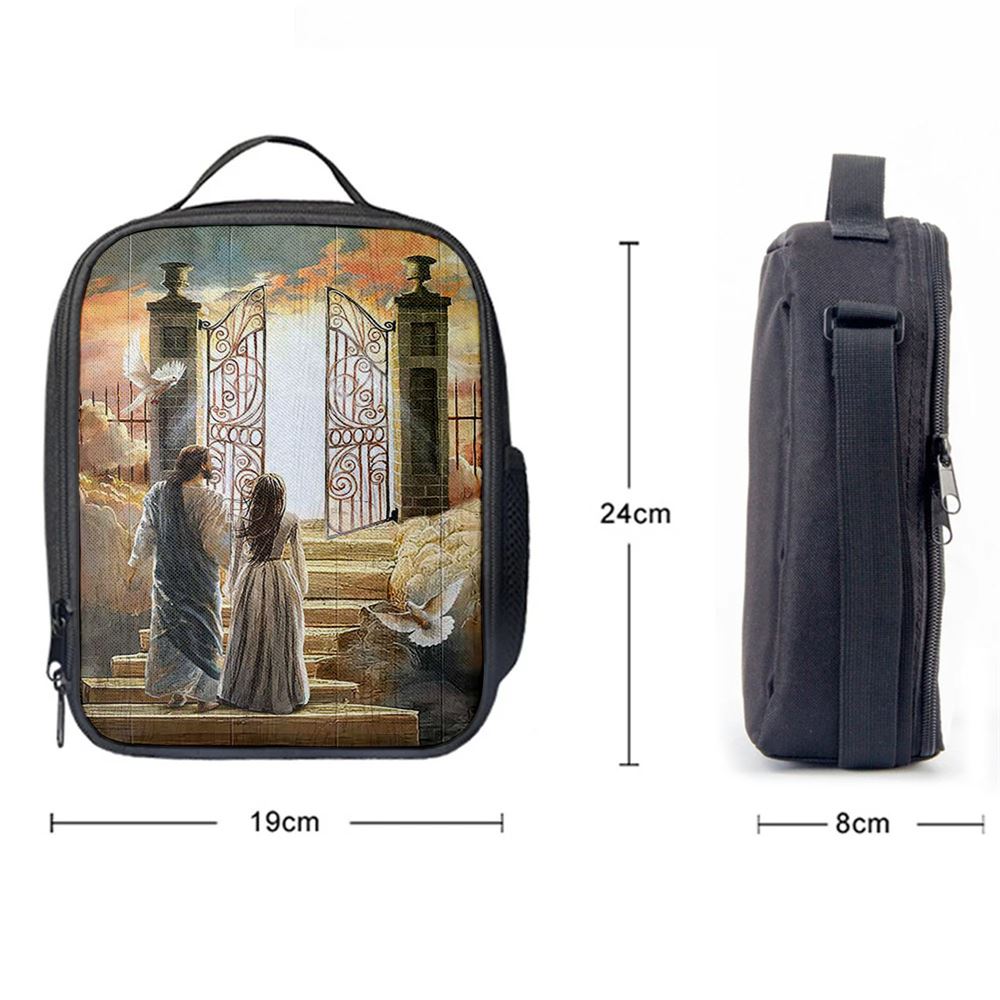 Beautiful Woman And Jesus Flying Dove Heaven Door Lunch Bag, Christian Lunch Bag For School, Picnic, Religious Lunch Bag
