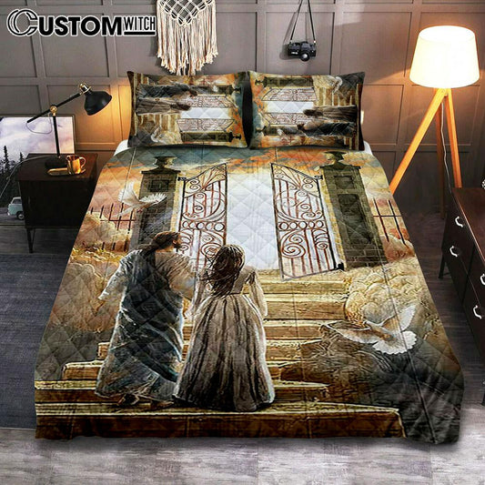 Beautiful Woman And Jesus Flying Dove Heaven Door Quilt Bedding Set Bedroom - Bible Verse Quilt Bedding Set Art - Christian Home Decor