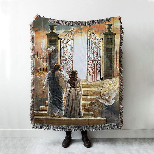 Beautiful Woman And Jesus Flying Dove Heaven Door Woven Throw Blanket - Bible Verse Woven Blanket Art - Inspirational Art - Christian Home Decor