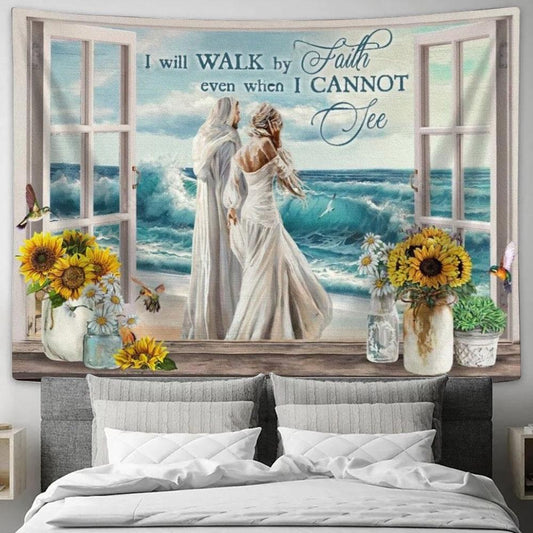 Beautiful Woman, Jesus Painting, Ocean Wave, I Will Walk By Faith Tapestry, Tapestries for Living Room Bedroom