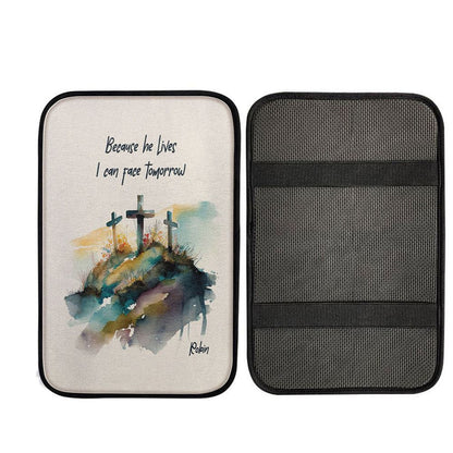 Because He Lives I Can Face Tomorrow Personalized Car Center Console Cover, Christian Auto Armrest Cover